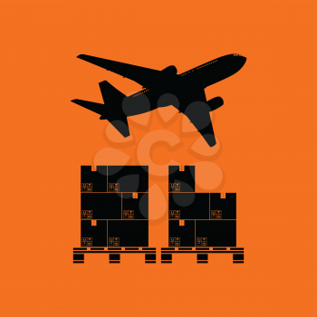 Boxes on pallet under airplane. Orange background with black. Vector illustration.