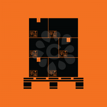 Cardboard package boxes on pallet icon. Orange background with black. Vector illustration.