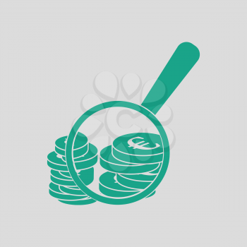 Magnifying over coins stack icon. Gray background with green. Vector illustration.