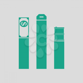 Oil, dollar and gold chart concept icon. Gray background with green. Vector illustration.