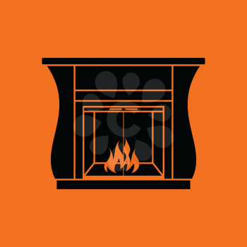 Fireplace with doors icon. Orange background with black. Vector illustration.