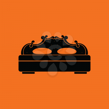 King-size bed icon. Orange background with black. Vector illustration.