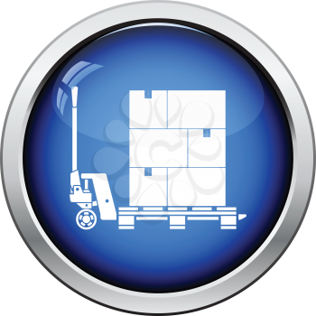 Hand hydraulic pallet truc with boxes icon. Glossy button design. Vector illustration.