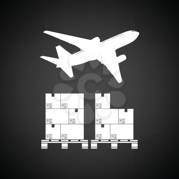 Boxes on pallet under airplane. Black background with white. Vector illustration.