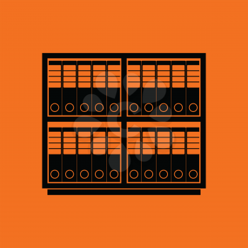 Office cabinet with folders icon. Orange background with black. Vector illustration.