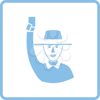 Cricket umpire with hand holding card icon. Blue frame design. Vector illustration.