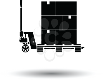 Hand hydraulic pallet truc with boxes icon. Black background with white. Vector illustration.