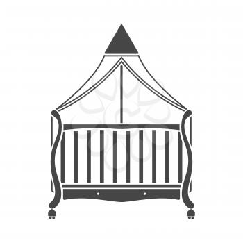 Crib with canopy icon on gray background, round shadow. Vector illustration.