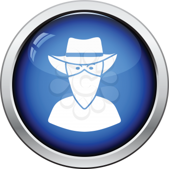 Cowboy with a scarf on face icon. Glossy button design. Vector illustration.