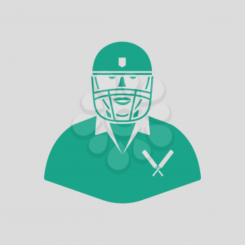Cricket player icon. Gray background with green. Vector illustration.
