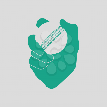 Hand holding cricket ball icon. Gray background with green. Vector illustration.