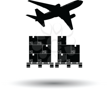 Boxes on pallet under airplane. White background with shadow design. Vector illustration.