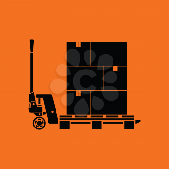 Hand hydraulic pallet truc with boxes icon. Orange background with black. Vector illustration.