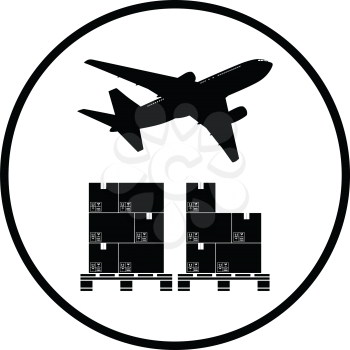 Boxes on pallet under airplane. Thin circle design. Vector illustration.