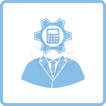 Analyst with gear hed and calculator inside icon. Blue frame design. Vector illustration.