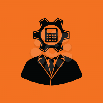Analyst with gear hed and calculator inside icon. Orange background with black. Vector illustration.