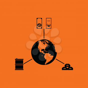 Oil, dollar and gold with planet concept icon. Orange background with black. Vector illustration.
