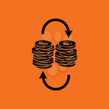 Dollar euro coins stack icon. Orange background with black. Vector illustration.
