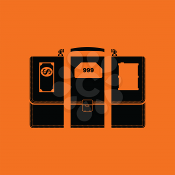 Oil, dollar and gold dividing briefcase concept icon. Orange background with black. Vector illustration.