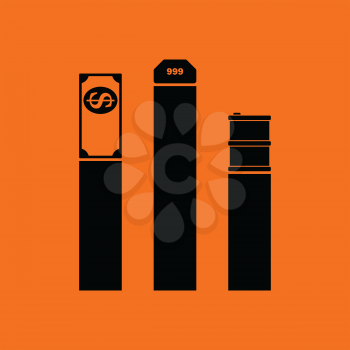Oil, dollar and gold chart concept icon. Orange background with black. Vector illustration.