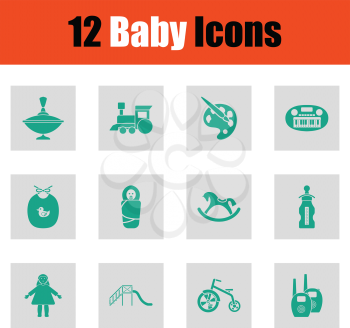 Baby icon set. Green on gray design. Vector illustration.