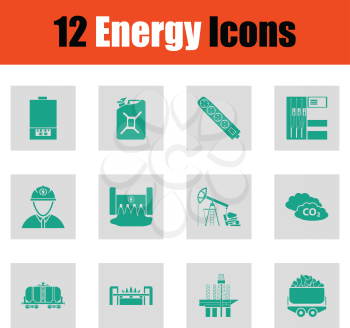 Energy icon set. Green on gray design. Vector illustration.