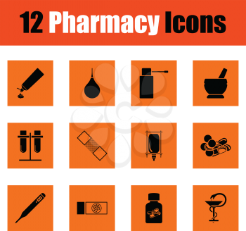Set of twelve pharmacy icons. Orange design. Vector illustration.