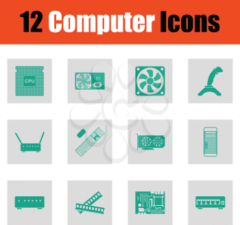 Set of computer icons. Green on gray design. Vector illustration.