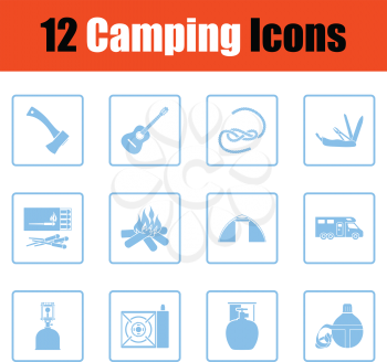 Camping icon set. Blue frame design. Vector illustration.