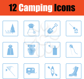 Camping icon set. Blue frame design. Vector illustration.