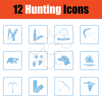 Set of hunting icons. Blue frame design. Vector illustration.