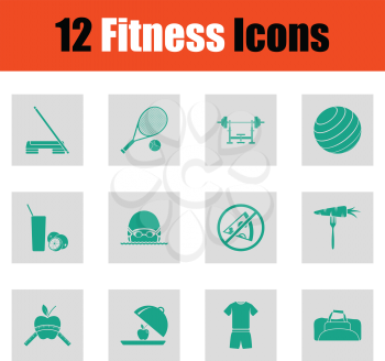 Fitness icon set. Green on gray design. Vector illustration.