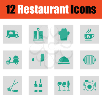 Restaurant icon set. Green on gray design. Vector illustration.