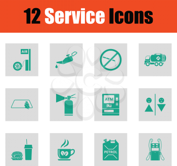 Set of twelve Petrol station icons. Green on gray design. Vector illustration.