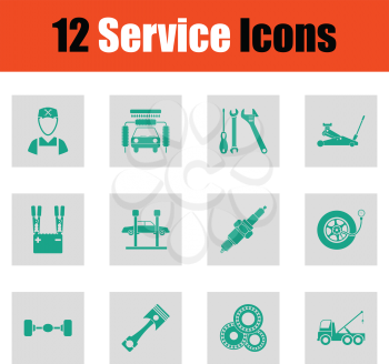 Set of twelve Service station icons. Green on gray design. Vector illustration.