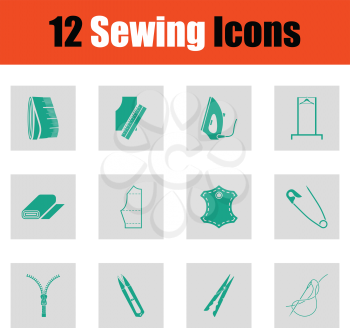 Set of sewing icons. Green on gray design. Vector illustration.