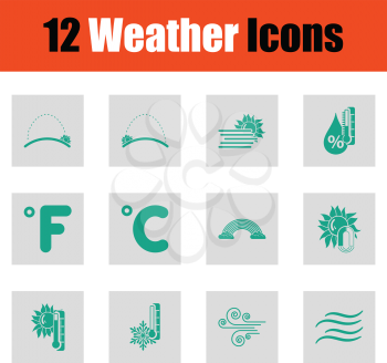 Set of weather icons. Green on gray design. Vector illustration.