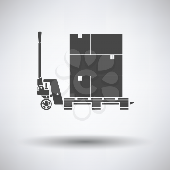 Hand hydraulic pallet truc with boxes icon on gray background, round shadow. Vector illustration.