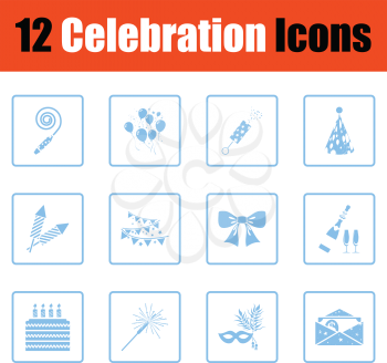 Set of celebration icons. Blue frame design. Vector illustration.