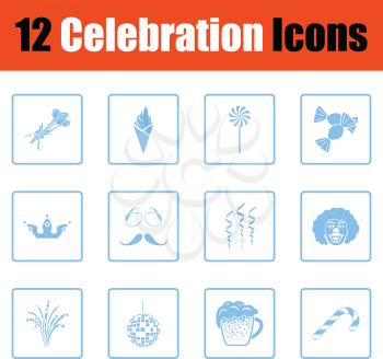 Set of celebration icons. Blue frame design. Vector illustration.