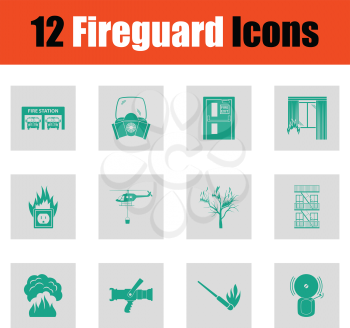 Set of fire service icons. Green on gray design. Vector illustration.
