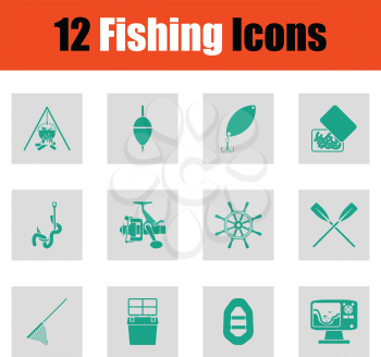 Fishing icon set. Green on gray design. Vector illustration.