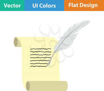 Feather and scroll icon. Flat color design. Vector illustration.