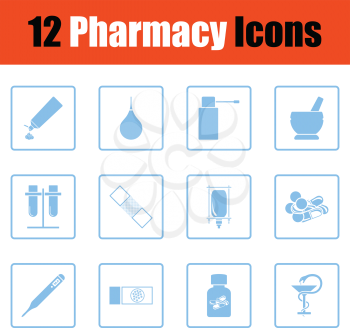 Set of twelve pharmacy icons. Blue frame design. Vector illustration.