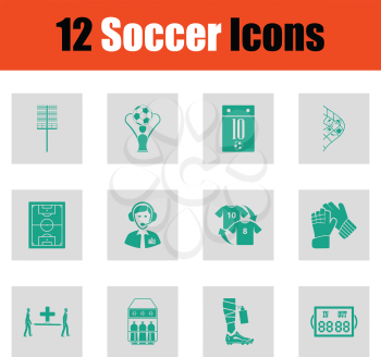 Set of soccer icons. Green on gray design. Vector illustration.