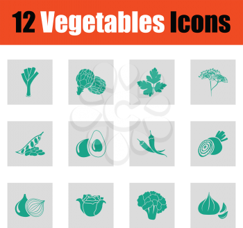 Vegetables icon set. Green on gray design. Vector illustration.