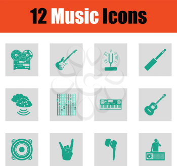 Set of musical icons. Green on gray design. Vector illustration.