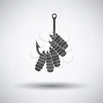 Icon of worm on hook on gray background, round shadow. Vector illustration.