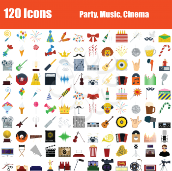 Set of 120 icons. Party, Music, Cinema themes. Color Flat Design. Vector Illustration.