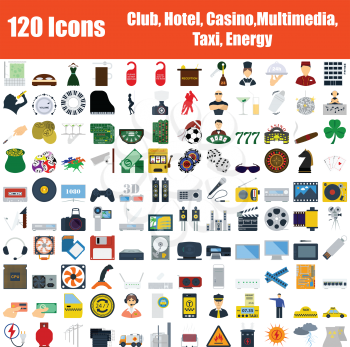 Set of 120 Icons. Night Club, Hotel, Casino, Multimedia, Taxi, Energy themes. Color Flat Design. Vector Illustration.
